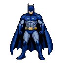 Stoic Batman in blue and grey pixel art, cape billowing, ready for action.