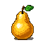 A golden pear with a green leaf, rendered in chunky pixels.