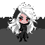 Chibi vampire Scarlet with voluminous white hair, pale skin, and crimson eyes in a gothic outfit with a scarlet cape, back-lit by neon violet.