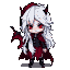 Chibi vampire with voluminous white hair, pale skin, glowing crimson eyes, and fangs, wearing a dark leather tunic with silver buckles and a tattered scarlet cape. Neon violet backlighting.