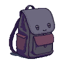 Anthropomorphic backpack with large dark eyes and a small smile, in muted purple and rose tones, with two front pockets and adjustable straps.