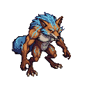 A menacing, anthropomorphic fox with earthy brown fur and electric blue accents, crouching low with a primal, aggressive stance.