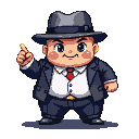 A chubby, cherubic baby in a dark suit, white shirt, red tie, and fedora, stands with one finger raised.