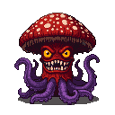 A menacing mushroom monster with a red, white-speckled cap, glowing yellow eyes, a gaping maw with sharp teeth, and writhing purple tentacles.