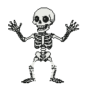 A cartoon skeleton with wide eye sockets and a grinning jaw, arms outstretched and hands splayed.