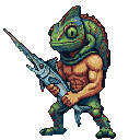 Anthropomorphic chameleon warrior with vibrant green and red scales, wearing an earthy loincloth and arm wraps, gripping a swordfish like a weapon.
