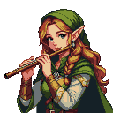Pixel Art: elve playing on flute (generated with AI and edited by pixie.haus).