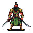 Red-skinned warrior in green robe and gold armor, holding two curved blade polearms, with a long black beard.