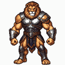 Muscular humanoid lion warrior in detailed metallic armor, standing in a ready stance.