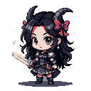 Chibi character with dark wavy hair, red bow, curved horns, and large eyes, holding a sword in right hand.