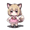 Anime girl with blonde bob, pink eyes, wolf ears, and tail, wearing a frilly pink dress and white blouse.