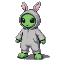 A cartoony green alien wearing a grey hooded onesie with bunny ears.