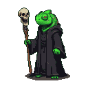 Pixel Art: character in dark robes with chameleon face and skull staff