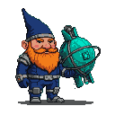 Pixel Art: futuristic gnome carrying huge atomic bomb