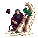 Grizzled figure in crimson robe carves wood with green foliage, a shadowy skull looms in the background.