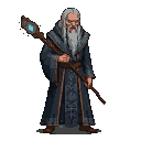 Elderly wizard with a long white beard, scowling, holding a staff with a glowing blue gem, wearing an ornate dark robe with fur trim.