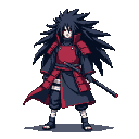 Imposing male warrior with spiky black hair, red eyes, and a stern expression, holding a horizontal sword. He wears dark blue and red segmented armor with white leg wrappings and dark sandals. Solid black background.