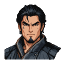 Stern man with dark hair, goatee, and facial scars, wearing rugged dark attire.