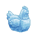 A stylized chicken made of icy blue blocks and shards, standing frozen.