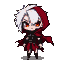 Chibi vampire warrior in a defiant stance, with glowing red eyes, white hair, black leather tunic, and a tattered scarlet cape, silhouetted against neon violet backlighting.