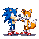 Sonic the hedgehog and Tails the fox share a high-five with triumphant smiles on a black background.