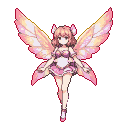 Anime pixie with luminous pink and gold petal-like wings, wearing a ruffled pink outfit and sparkling bodice, against a black background.