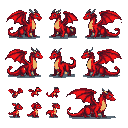Pixel Art: 8 directions Sprite sheet of a red dragon in top down perspective, 64x64 resolution (generated with AI by Lysmoth Wyrm).