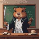 Capybara in Soul Reaper uniform, standing behind a wooden desk in a classroom, gesturing with paws. One paw holds a sheathed sword. A chalkboard with Japanese characters is visible behind.