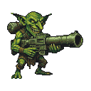 Menacing goblin with green skin and sharp teeth, wearing ragged clothes and a backpack, holding a comically oversized bazooka.