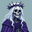 Skeletal figure with thorny crown, long white hair, and an ominous grin, wearing a striped purple and grey cloak.