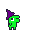 A small, vibrant green creature with a pointed purple hat and a single large white pixel eye stands on a black background.