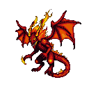 A red and orange fire demon with unfurled wings, flames erupting from its head and spine, and sharp claws extended.