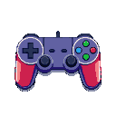 A retro video game controller with a purple body, red grips, a blue directional pad, and four colorful action buttons.