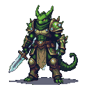 Emerald reptilian warrior in scrap-metal armor, holding a shimmering cosmic dagger.