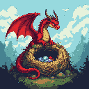 Crimson dragon perched protectively on a nest of blue and red eggs, with spread wings and a sharp gaze, against a backdrop of pixelated clouds and muted forest.