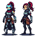 Fantasy cyborg librarian with segmented armor, red scarf, and high ponytail. One version has a blue mask with orange accents, the other has subtle cybernetic ear pieces.