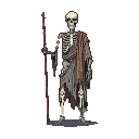 Skeletal figure in tattered earth-toned robes, holding a tall, weathered staff, against a black background.