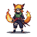 Fox-like ninja with orange hair, green vest, and flaming kunai, ready for battle.