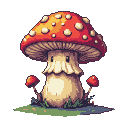 An anthropomorphic mushroom with a red, spotted cap and cream stem, flanked by two smaller red mushrooms, stands in green grass.