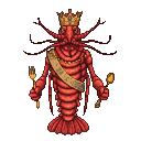 Anthropomorphic lobster king wearing a crown and sash, holding a fork and spoon.