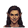 Pixel art portrait of a menacing character with pointed ears, jagged teeth, narrowed eyes, dark markings, and neck tattoos.