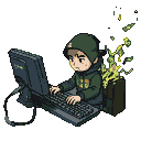 Young hacker in a green hoodie and cap hunched over a keyboard, with a pixelated yellow and green energy cascade erupting from the computer tower.