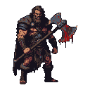 Barbarian mid-stride, grim expression, wearing furs and leather, wielding a bloody double-headed axe.