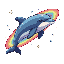 A blue pixel art dolphin arcs through black space with a rainbow trail, surrounded by sparkling stars.