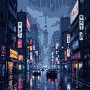 Pixel Art: Cyberpunk Tokyo during a rainstorm (generated with AI by Den).