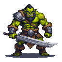 A hulking orc berserker, bristling with primal aggression and wielding a massive sword, stands ready to unleash devastating combat. The fierce warrior's imposing presence and battle-worn gear evoke an immediate sense of impending, explosive action.