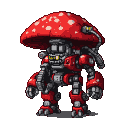 A powerful, red and white spotted mushroom-shaped mech with dark gray and crimson plating.