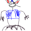 Cartoonish head with wide, staring eyes and red horns above a shadowy humanoid torso in a blue shirt.