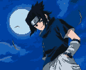 Sasuke Uchiha stands under a large, pale moon against a deep blue, pixelated night sky, wearing his dark blue shirt and light pants, one hand in his pocket.