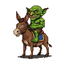 Green goblin with toothy grin riding a brown donkey.